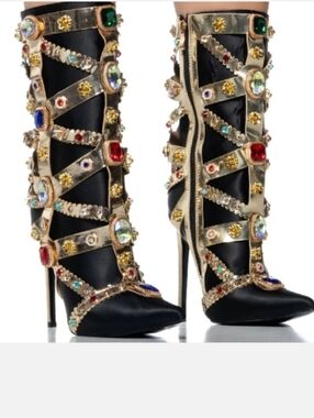 Azalea Wang Martinez Stiletto Heel Boots Eras Concert Bejeweled Black Size 7.5